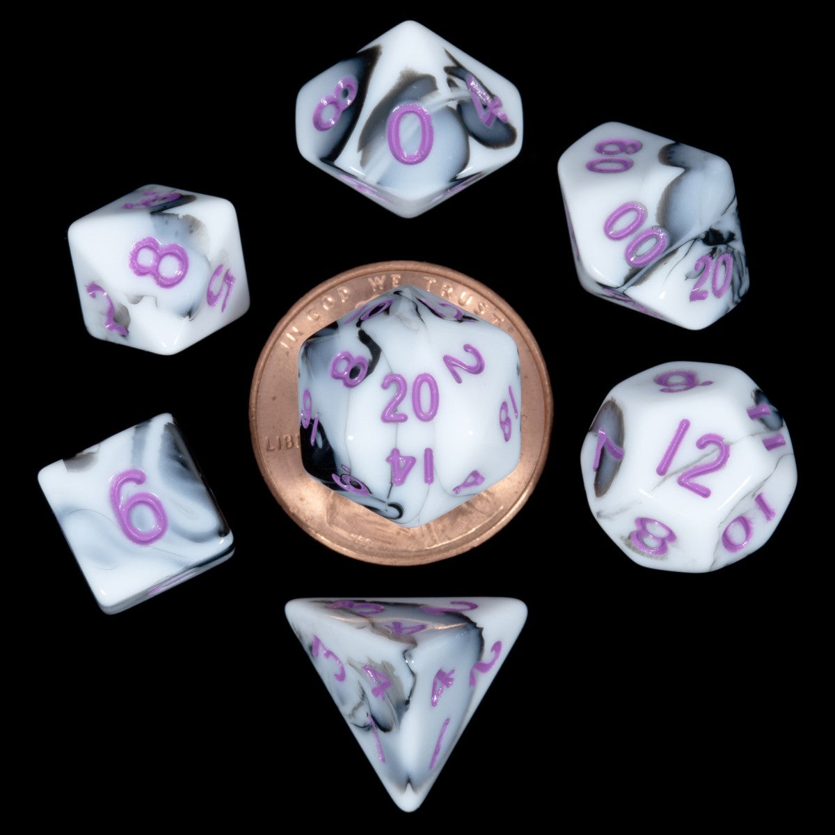 MDG - Mini Polyhedral Dice Set: Marble with Purple Numbers
