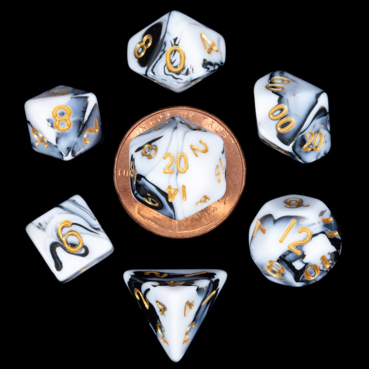 MDG - Mini Polyhedral Dice Set: Marble with Gold Numbers