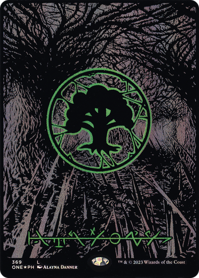 Forest (369) (Oil Slick Raised Foil) [Phyrexia: All Will Be One]